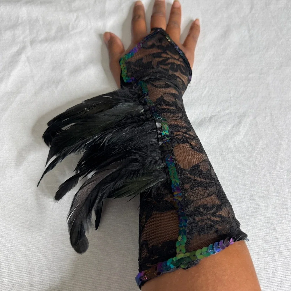Black Gothic Lace Feather Fingerless Gloves Iridescent Sequin Whimsygoth